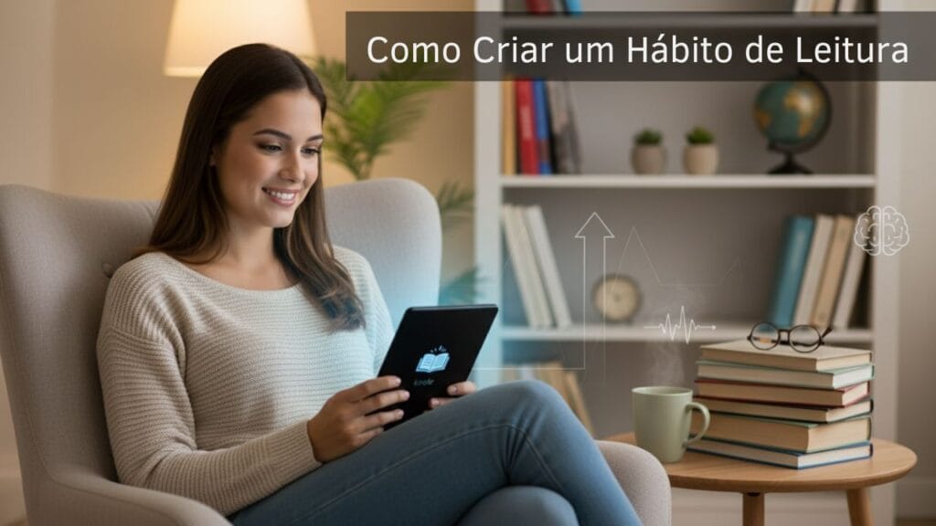 Como criar um hábito de leitura: pessoa lendo em um Kindle em um ambiente aconchegante, com livros e bebida ao lado, promovendo conforto e foco para desenvolver a rotina de leitura diária.