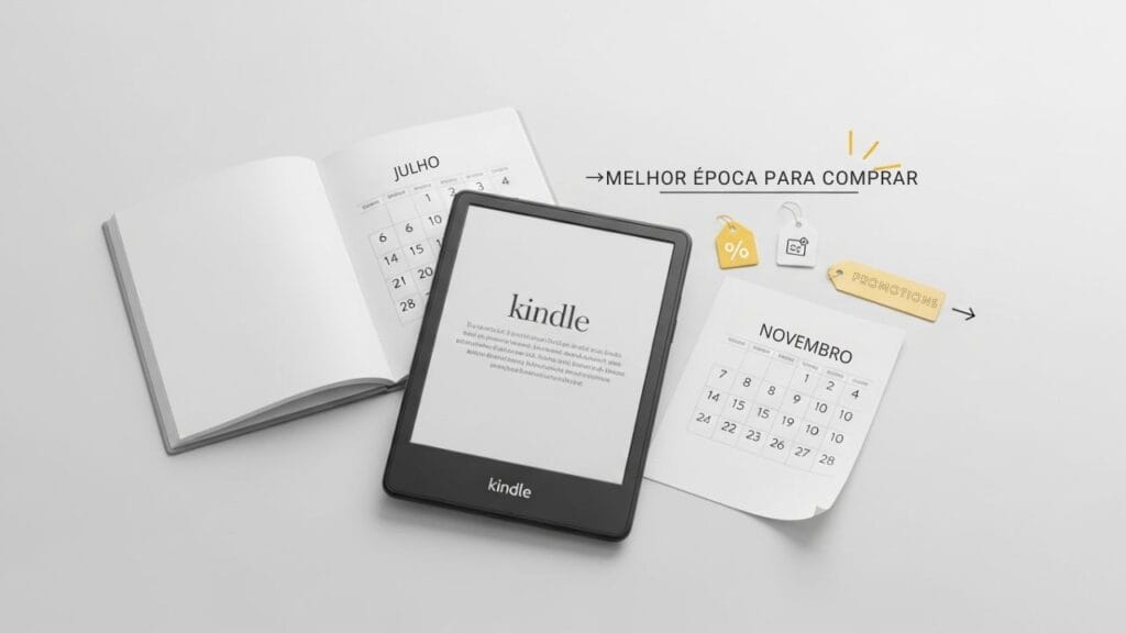 Melhor época para comprar Kindle em 2026 mostrando e-reader com calendário destacando Prime Day e Black Friday