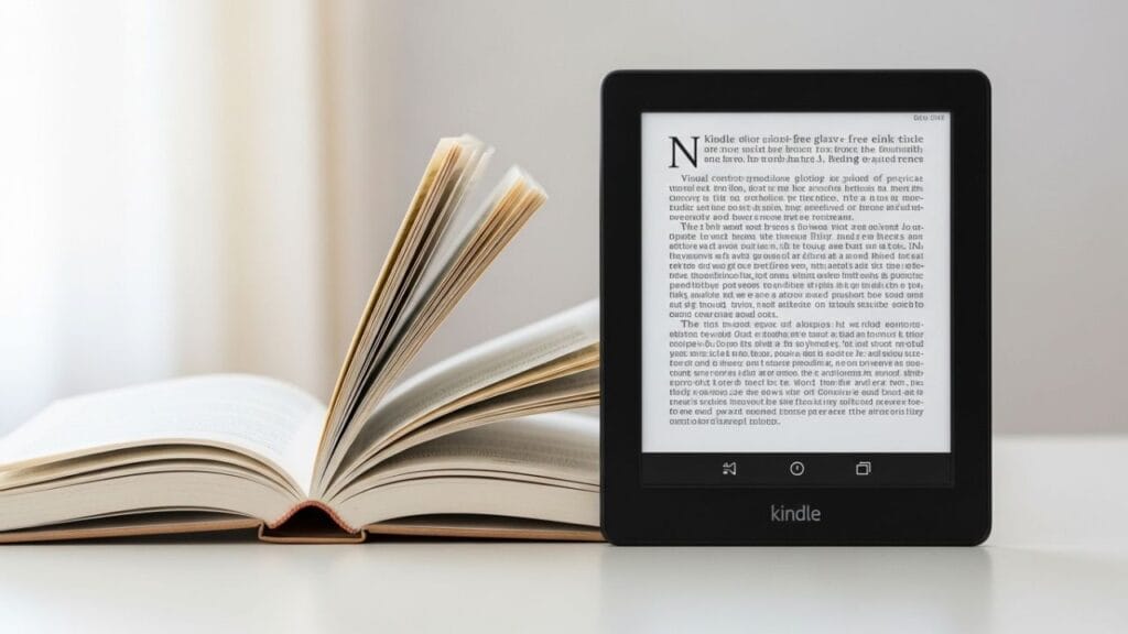 "Comparação entre Kindle Paperwhite e livro físico mostrando diferenças de leitura digital e física, conforto visual, portabilidade e experiência sensorial."