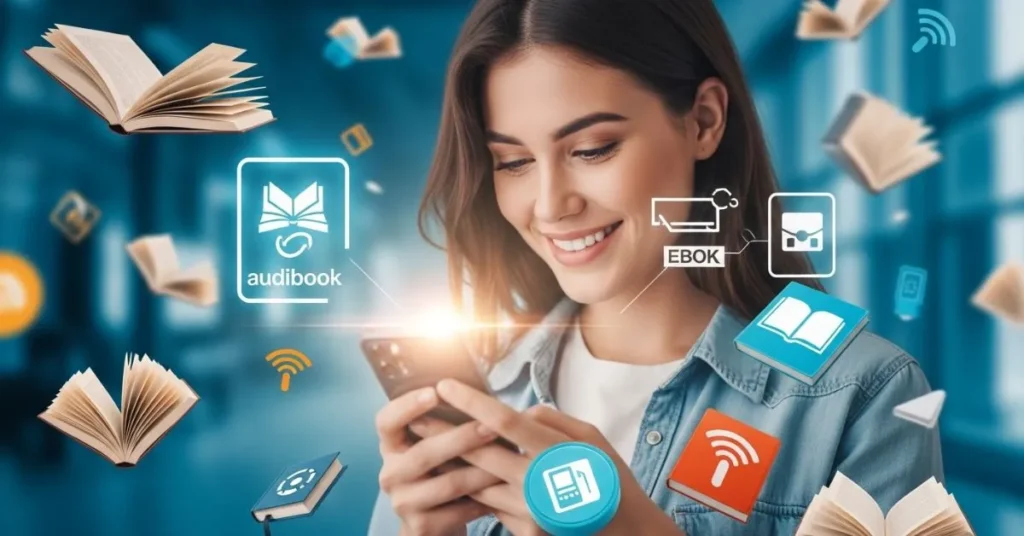 Pessoa lendo no celular com livros digitais e audiobooks flutuando, simbolizando o teste grátis do Kindle Unlimited e leitura ilimitada em 2026.
