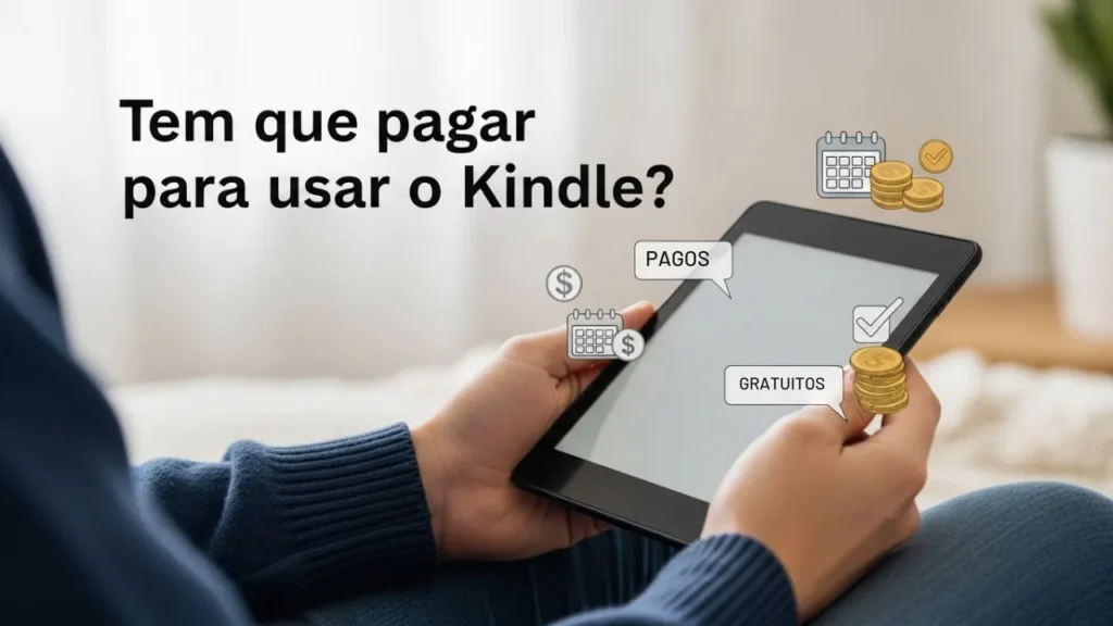 "Quando pagar pelo Kindle? Pessoa segurando Kindle em ambiente aconchegante, texto em português e ícones sutis de custos e opções gratuitas."