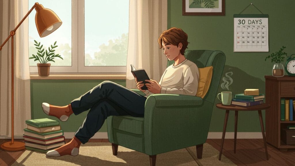 Pessoa lendo em uma poltrona confortável ao lado de uma janela, com livros empilhados, uma xícara de café e um calendário com o desafio de leitura de 30 dias.