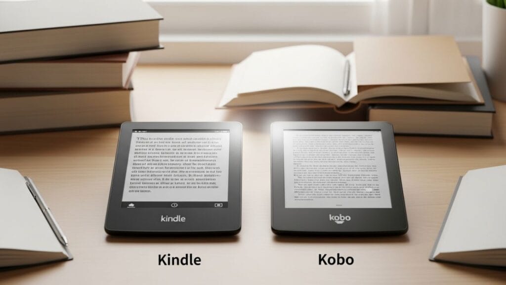 Comparativo Kindle vs Kobo em 2026: mesa organizada com dois e-readers, livros físicos e cadernos ao fundo. Kindle em destaque com tela de leitura nítida, ambiente de estudo iluminado, enfatizando conforto visual, portabilidade e decisão pró-Kindle.
