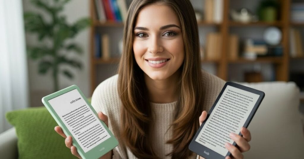 Mulher segurando um Kindle Básico e um Kindle Paperwhite, mostrando a comparação entre os dois modelos Kindle em 2025, evidenciando diferenças de tela e design.