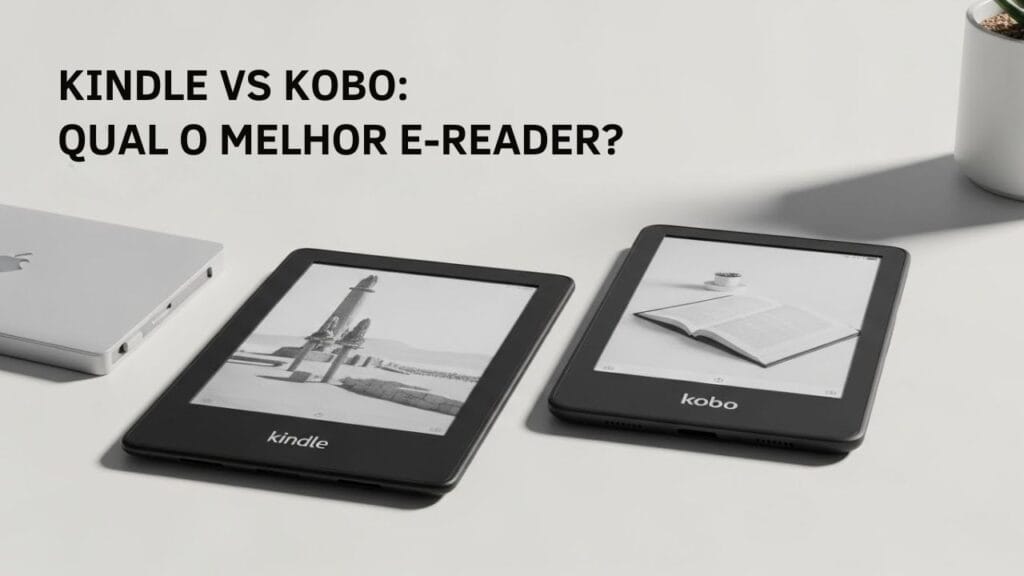 Imagem comparando dois e-readers lado a lado, representando Kindle e Kobo, com destaque visual para a pergunta “Kindle vs Kobo: Qual o melhor e-reader?