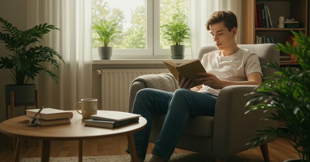 Pessoa lendo concentrada em um ambiente aconchegante e iluminado, ilustrando os hábitos de leitura que transformam sua vida e promovem crescimento pessoal.