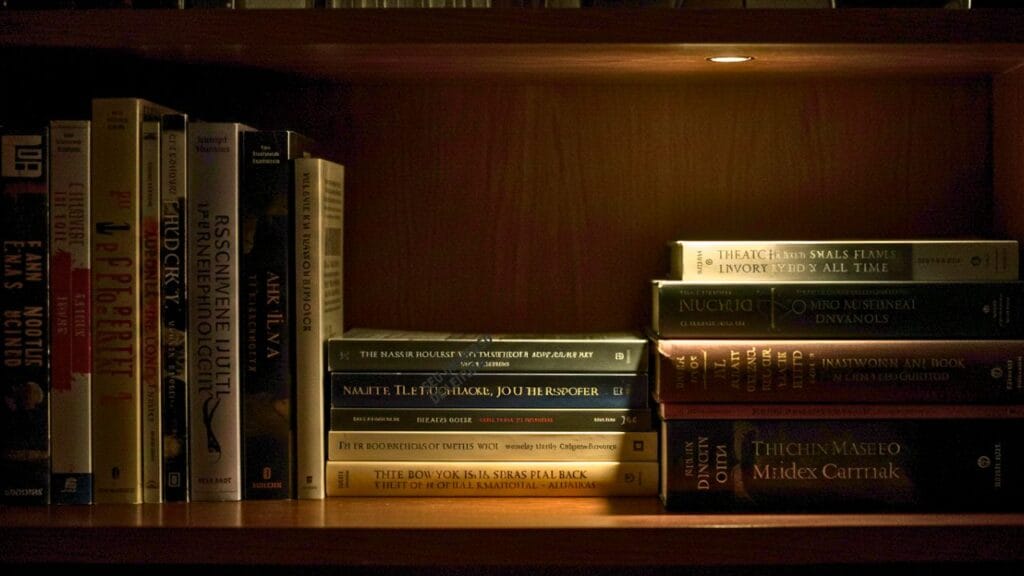 "Estante parcialmente iluminada com livros misteriosos; algumas capas visíveis, outras escondidas, sugerindo que são os livros mais lidos de todos os tempos. Iluminação suave cria um ambiente aconchegante e enigmático, despertando a curiosidade sobre os títulos revelados