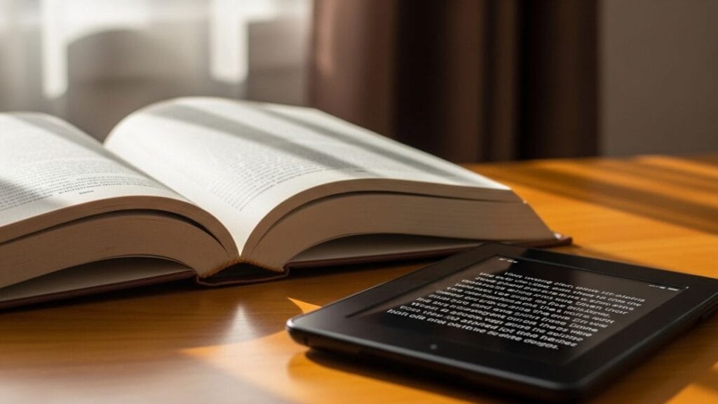 Livro físico aberto sobre mesa de madeira ao lado de um Kindle com texto na tela, iluminados por luz natural, representando o equilíbrio entre leitura tradicional e tecnologia digital.