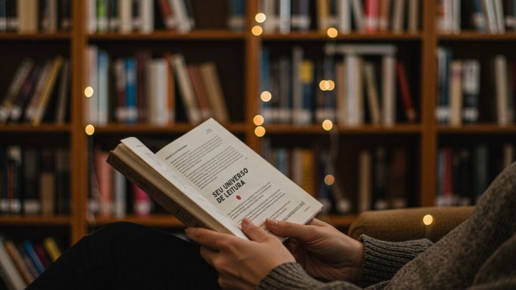 Pessoa segurando um livro em uma biblioteca aconchegante, com prateleiras de livros ao fundo, transmitindo uma atmosfera tranquila e intelectual.