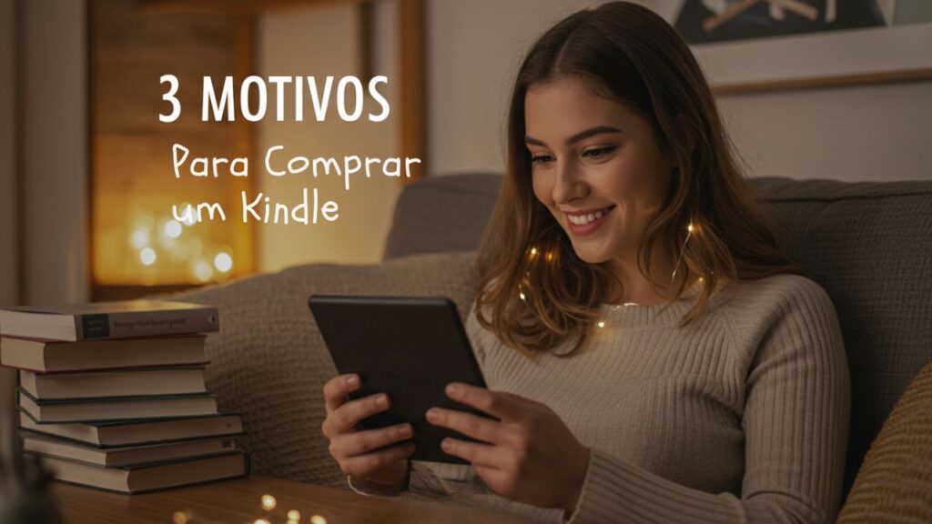 Pessoa lendo um Kindle em um ambiente aconchegante, com expressão relaxada, rodeada por livros e luz suave, representando os benefícios de praticidade, conforto visual e personalização da leitura digital.
