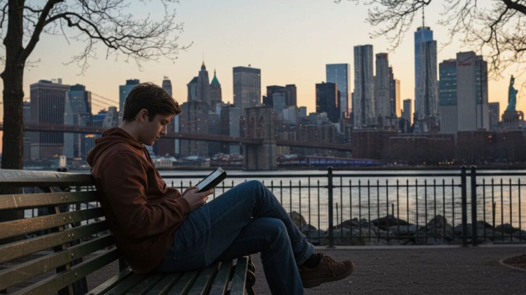 Pessoa sentada em um banco de parque em Nova York, lendo um livro ou Kindle, com o skyline da cidade ao fundo sob luz dourada do fim da tarde, transmitindo uma atmosfera acolhedora e romântica.