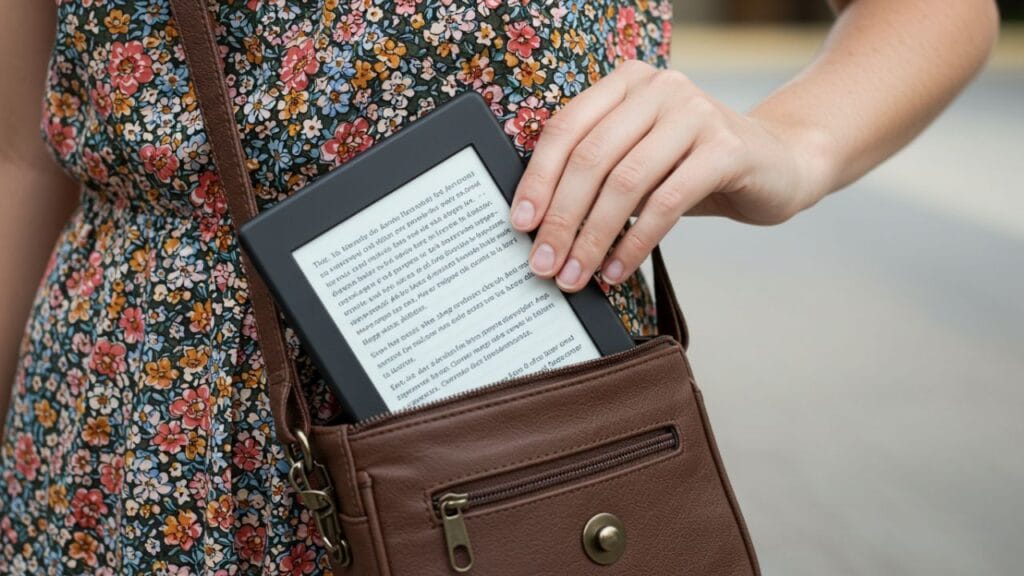 Mulher colocando um e-reader dentro de uma bolsa pequena marrom, usando um vestido floral, destacando a conveniência de carregar livros digitais.