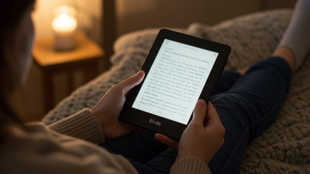 Pessoa lendo um Kindle em um ambiente aconchegante e relaxante, com iluminação natural suave e cores calmas ao fundo, destacando a clareza da tela e o conforto visual sem causar cansaço nos olhos."