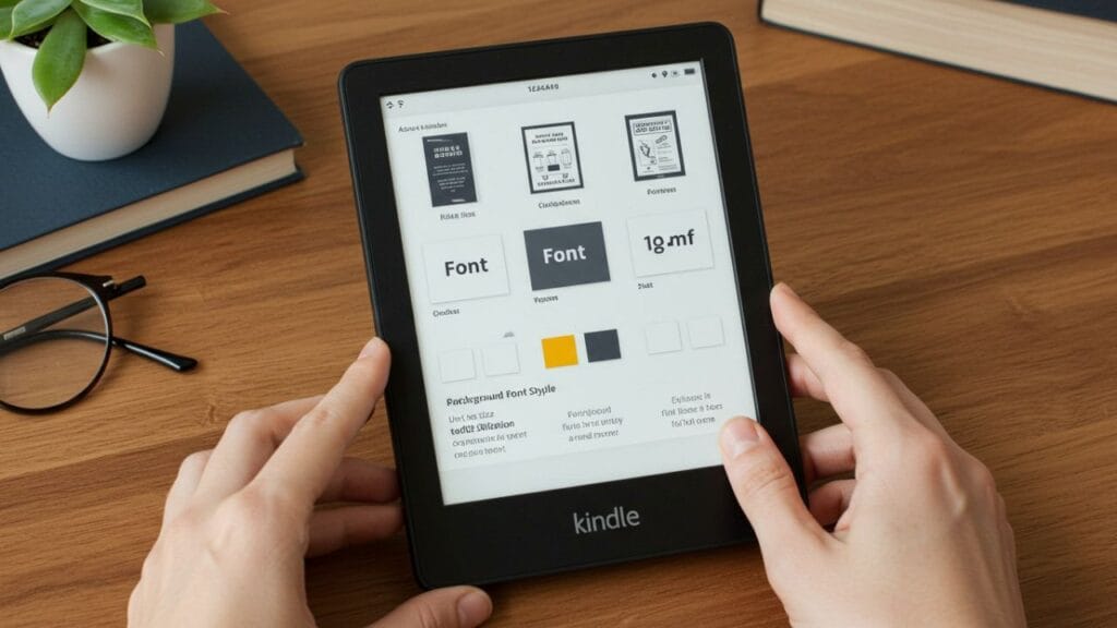 Tela de um Kindle exibindo diferentes tamanhos e estilos de fonte, com uma pessoa ajustando as configurações conforme sua preferência. A imagem destaca as opções de personalização, como tamanho do texto, cor de fundo e estilo da fonte, em um ambiente moderno e estiloso