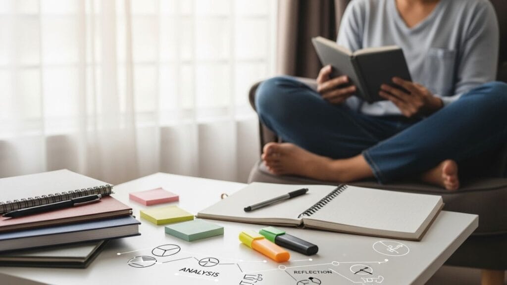 Pessoa concentrada lendo um livro ou Kindle em poltrona confortável, com cadernos, post-its e marca-textos ao lado, representando quatro estratégias de leitura: exploratória, seletiva, analítica e crítica.
