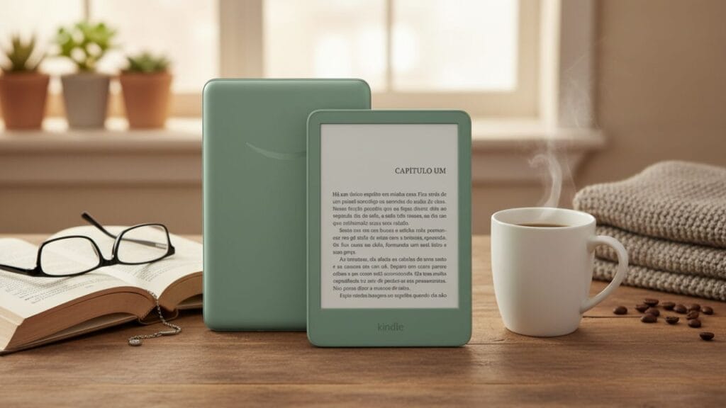 E-reader Kindle Verde da Amazon com capa fechada, design compacto e acabamento moderno