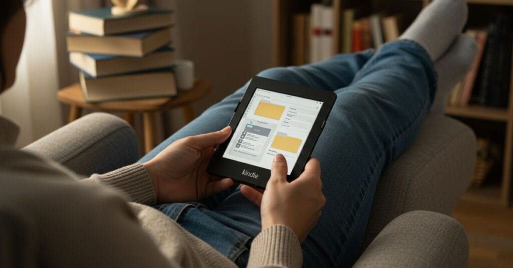 Pessoa lendo em um Kindle enquanto organiza sua biblioteca digital, com ambiente calmo e livros ao fundo, representando organização e leitura eficiente.
