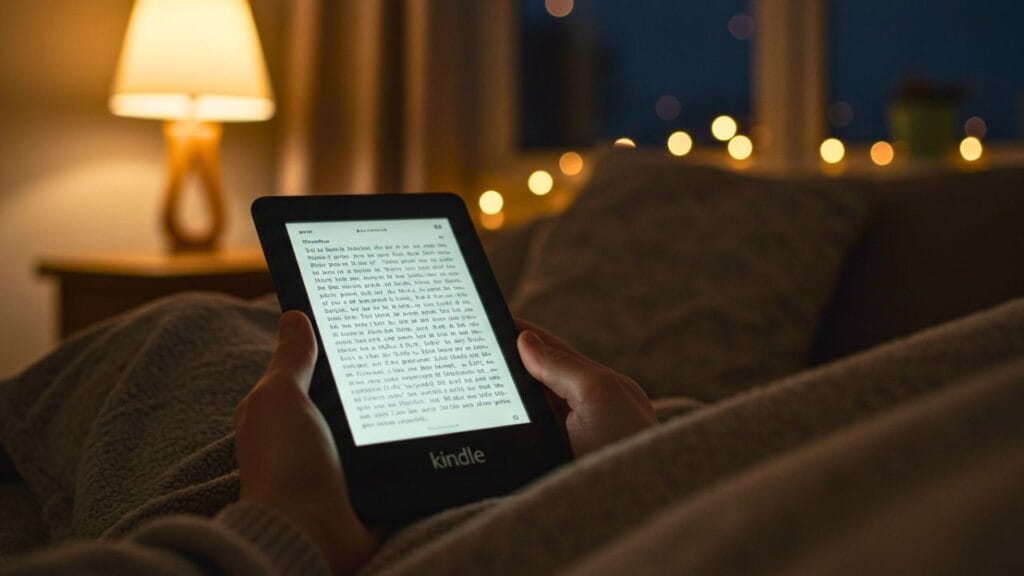 Pessoa lendo em um Kindle e-reader sob luz suave, em ambiente aconchegante e iluminado por uma luminária, sentada em um sofá com cobertor, com a tela do Kindle claramente visível.