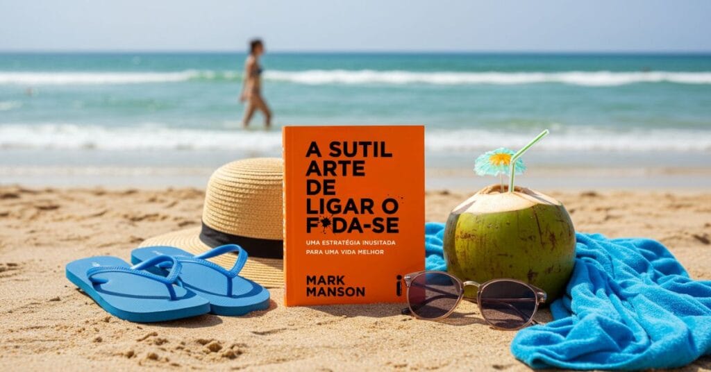 Livro 'A Sutil Arte de Ligar o F*da-se' apoiado na areia de uma praia, ao lado de chinelos azuis, chapéu de palha, óculos de sol e um coco com canudo. Ao fundo, uma mulher caminha em direção ao mar.