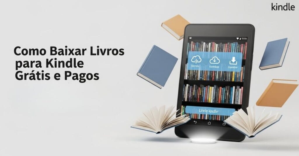 "Capa do artigo 'Como Baixar Livros para Kindle Grátis e Pagos – Guia Completo 2025', mostrando um Kindle com biblioteca de livros digitais, ícones de nuvem e download, simbolizando leitura digital."