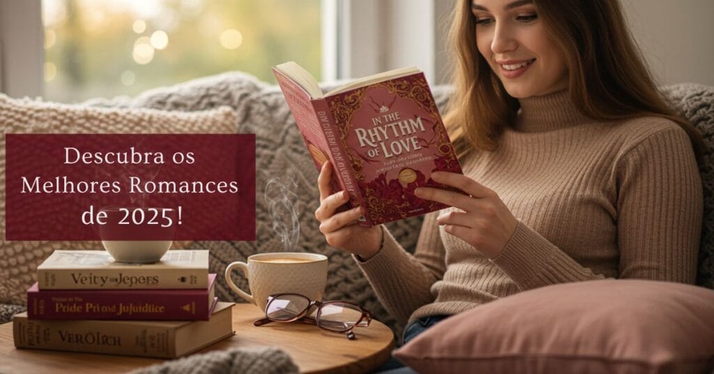 Mulher jovem sorrindo lendo livro 'No Ritmo do Amor' em sofá aconchegante com xícara de café e pilha de livros de romance. Melhores livros de romance 2025