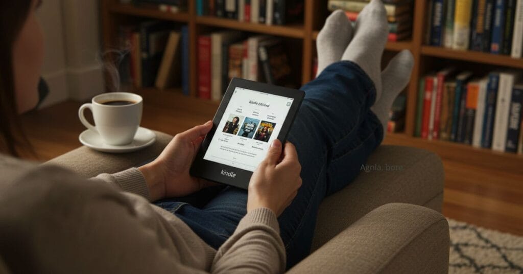 Pessoa relaxando e lendo no Kindle Paperwhite, com destaque para o Kindle Unlimited, ilustrando como funciona o Kindle Unlimited e se vale a pena assinar em 2025.