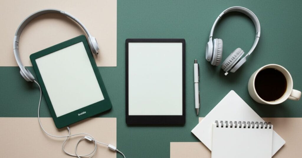 Composição flat lay com Kindle, fones de ouvido, caneta, xícara de café e caderno sobre fundo claro, ilustrando o tema kindle-como-baixar-livros de forma clean e moderna.