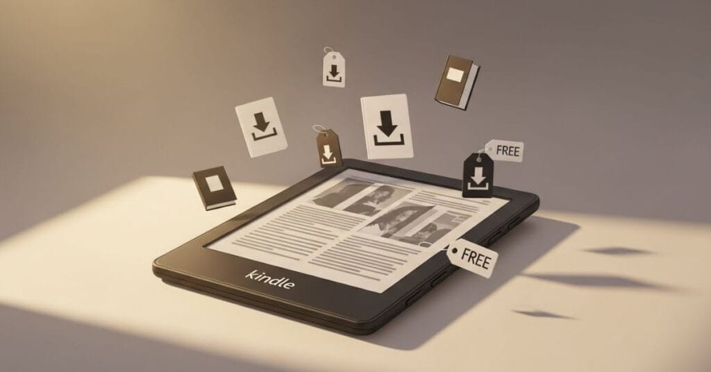 Ilustração de um Kindle exibindo livros digitais gratuitos, representando onde e como baixar livros Kindle grátis legalmente em 2026.
