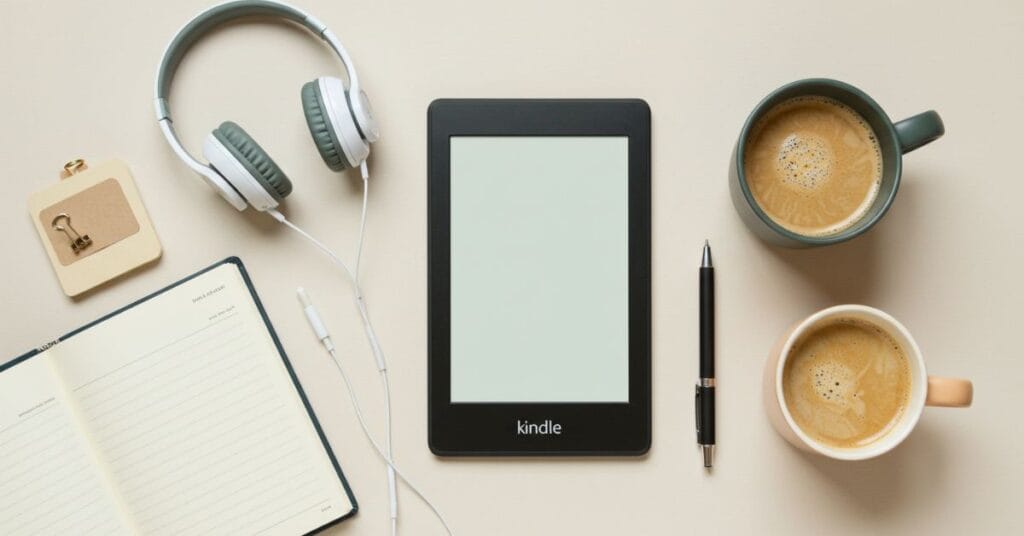 Kindle e-reader ao lado de uma xícara de café, fones de ouvido, caneta e caderno aberto sobre uma superfície clara, criando uma atmosfera acolhedora e inspiradora para leitura de livros-kindle-gratis.