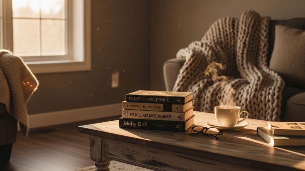 Clássicos da literatura empilhados sobre mesa de madeira com luz quente, representando livros atemporais.