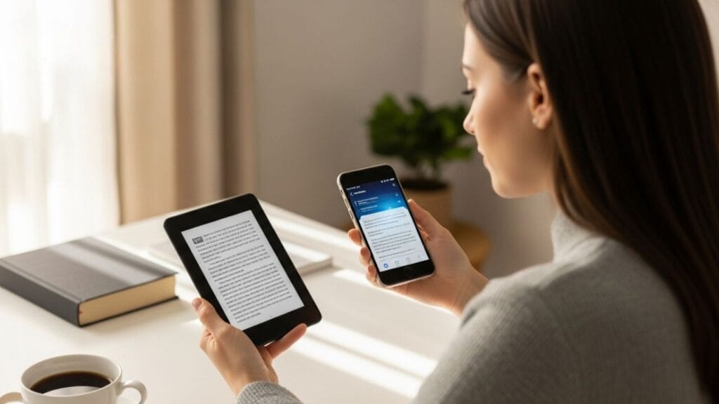 Pessoa comparando Kindle e celular sobre mesa organizada com livro e café, analisando qual é melhor para leitura em 2026, em ambiente iluminado e minimalista.