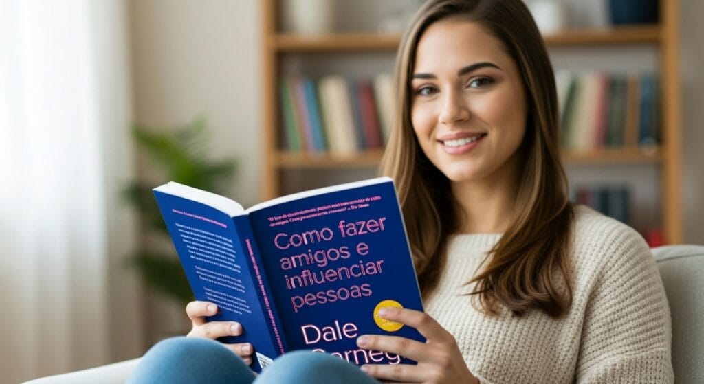 Sofia, criadora do blog, lendo o livro Como Fazer Amigos e Influenciar Pessoas, em um momento de estudo e desenvolvimento pessoal
