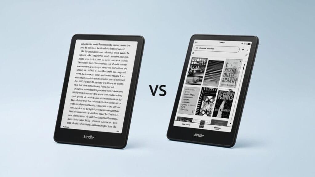 Comparação entre o Kindle Paperwhite e o Kindle Paperwhite Signature Edition lado a lado, exibidos em fundo claro, destacando o design e a tela dos dois e-readers.