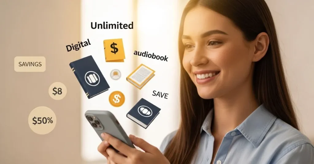 Pessoa usando celular para assinar Kindle Unlimited, rodeada de livros digitais e audiobooks flutuando, representando leitura ilimitada, economia de dinheiro e promoções, visual moderno e amigável para mobile.