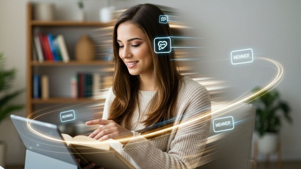 Pessoa lendo concentrada com livro e tablet, representando leitura dinâmica, leitura rápida e técnicas para memorizar melhor.