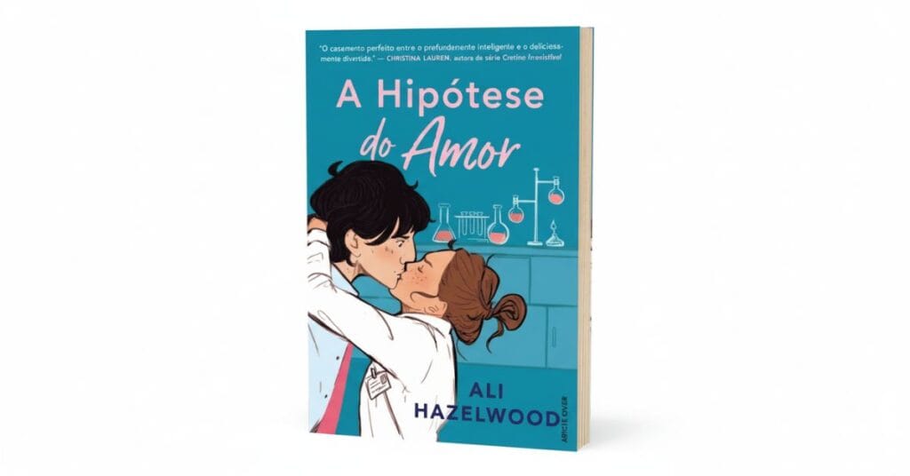 Capa do livro A Hipótese do Amor, mostrando um casal de cientistas em ilustração romântica e moderna, com elementos acadêmicos ao fundo, cores vibrantes e clima leve que representa um romance contemporâneo divertido.