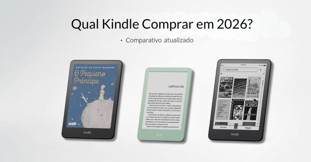 Imagem comparando os modelos Kindle 16 GB, Kindle Paperwhite e Kindle ColorSoft em 2025, lado a lado sobre fundo minimalista, representando guia para ajudar a escolher qual Kindle comprar