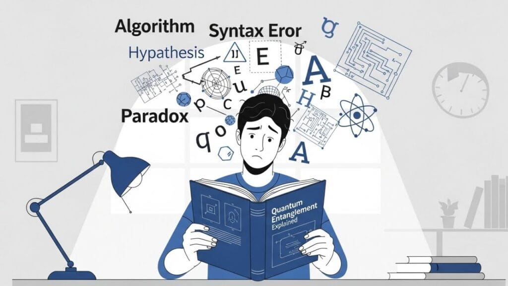 Pessoa lendo um livro e demonstrando dificuldade, representando quem leio mas não entendo textos difíceis e busca melhorar a compreensão na leitura.