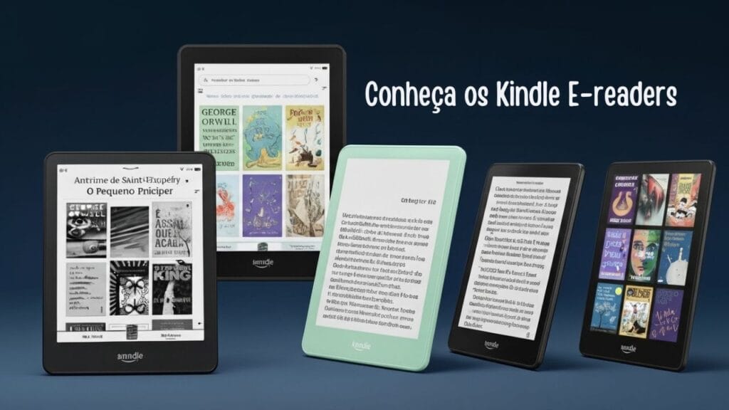 "Linha completa de 5 modelos de Amazon Kindle em 2026: Kindle 16 GB, Paperwhite 16 GB, Paperwhite Signature Edition 32 GB, Kindle ColorSoft 16 GB e ColorSoft Signature Edition 32 GB, exibidos lado a lado sobre fundo minimalista, destacando diferenças de tamanho e cores das telas