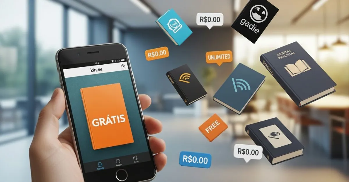 como-baixar-livros-gratis-kindle-convertido-de-jpg Pessoa usando o celular com o aplicativo Kindle aberto, mostrando um livro grátis enquanto eBooks e audiobooks flutuam ao redor, representando como baixar livros grátis no Kindle em 2026.