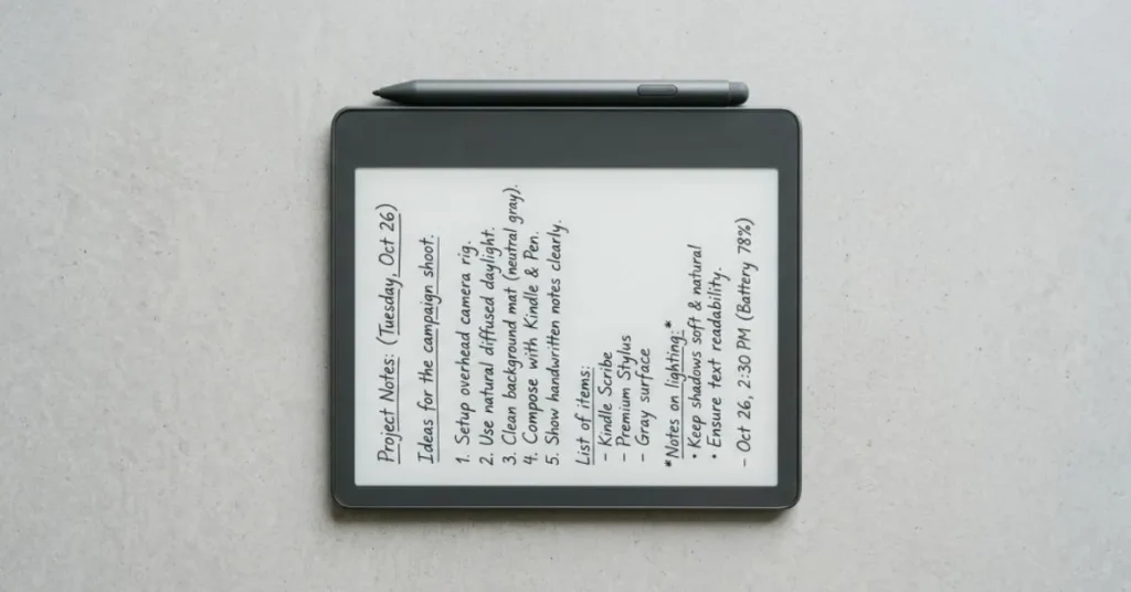 Kindle Scribe com caneta sobre superfície clara mostrando anotações manuscritas na tela e-ink de 11 polegadas