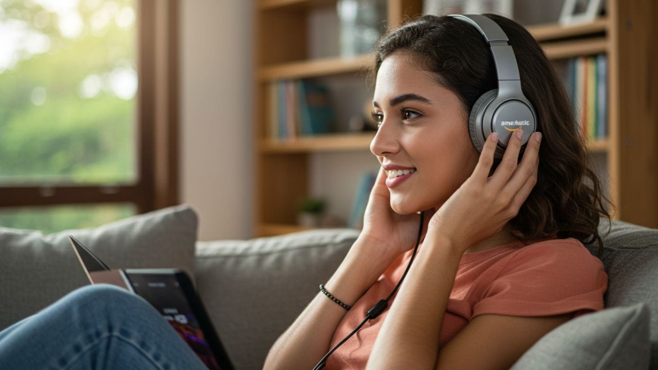 Sofia Almeida curtindo música no Amazon Prime Music, com fones de ouvido.