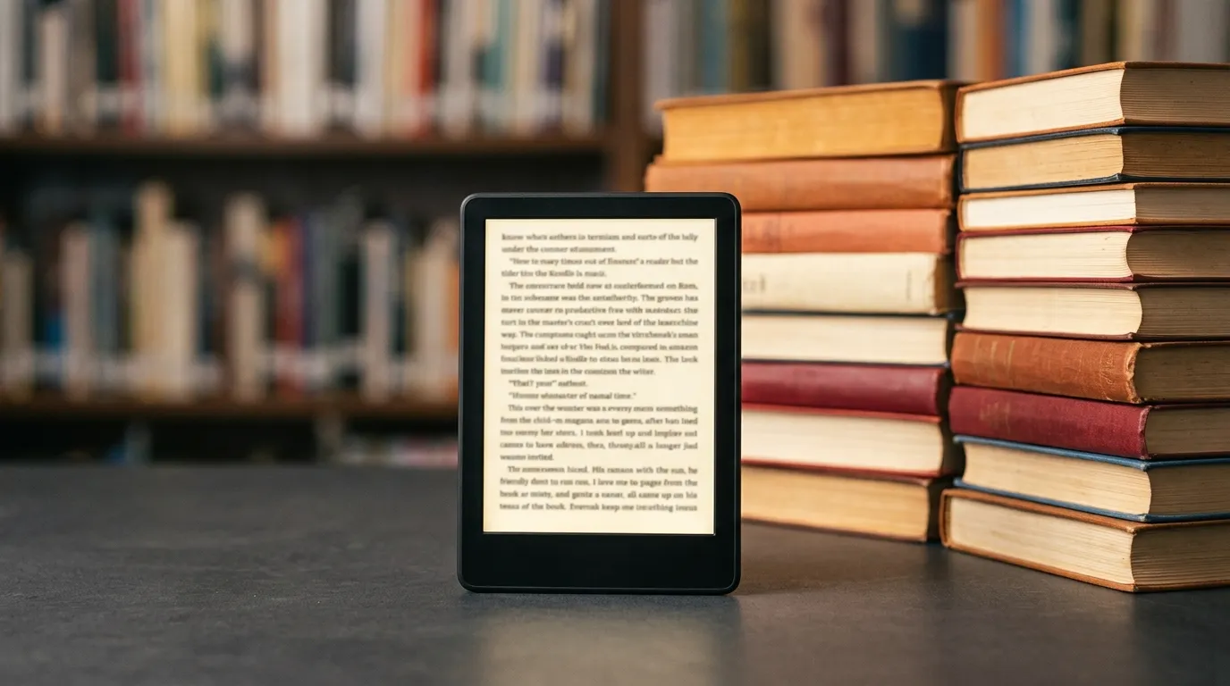 Kindle e-reader cercado por uma pilha de livros físicos sobre superfície escura — imagem do artigo sobre quantos livros cabem no Kindle.