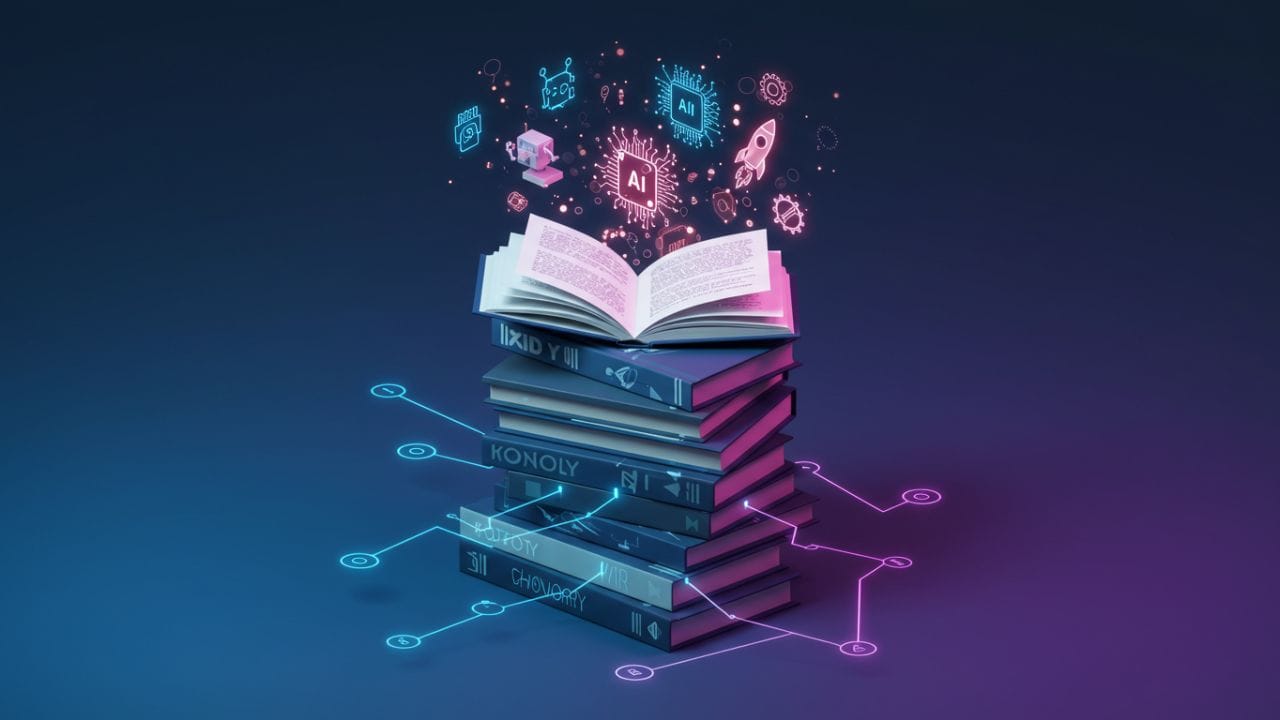 Capa conceitual mostrando uma pilha de livros estilizados com circuitos eletrônicos e chips, conectados por linhas luminosas em azul e roxo neon. No topo, um livro aberto libera ícones 3D de inteligência artificial, robôs e código binário, representando conhecimento em tecnologia e inovação. Imagem criada para ilustrar os 10 livros mais vendidos em tecnologia e inovação na Amazon Brasil.