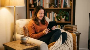 Pessoa lendo Kindle em cantinho aconchegante com chá — 5 dicas práticas para criar o hábito de leitura de forma fácil e prazerosa em 2026.