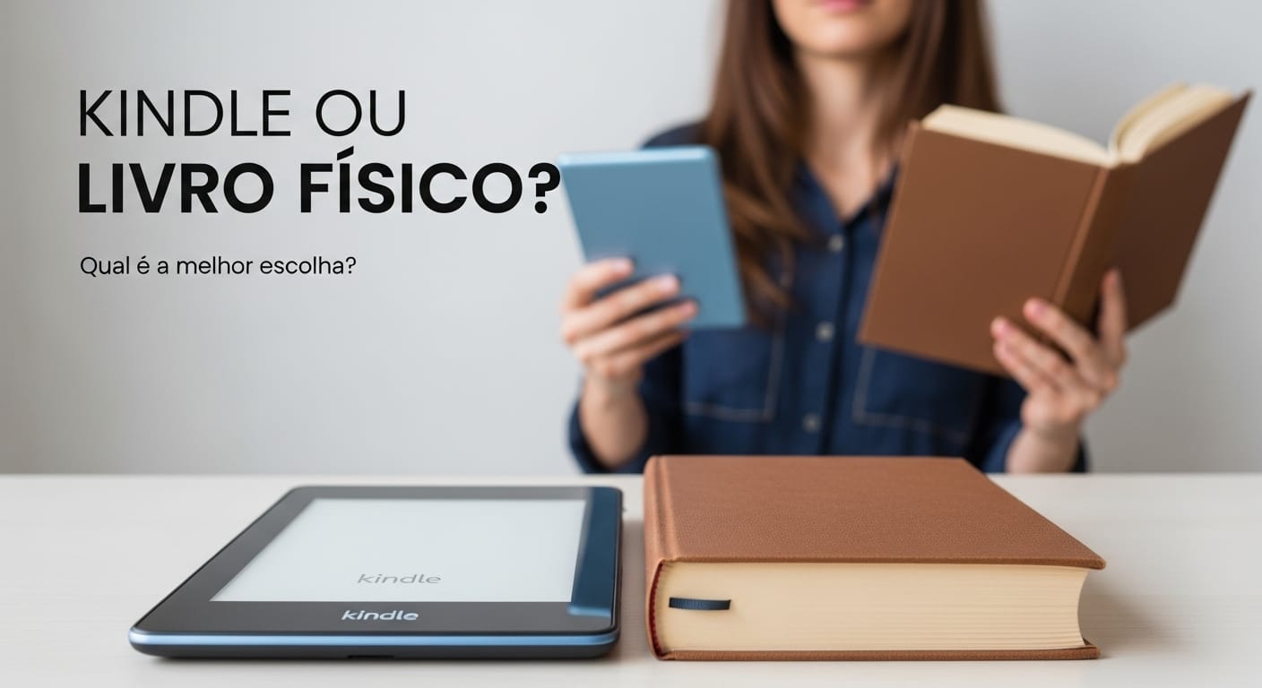 Comparação entre Kindle e Livro Físico: imagem mostrando um Kindle moderno ao lado de um livro físico clássico, destacando a escolha entre leitura digital e impressa.