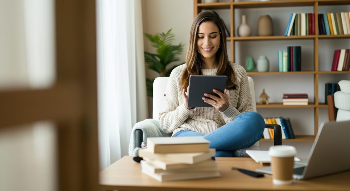 Sofia lendo em um Kindle em uma poltrona confortável, ilustrando o artigo 'Tem que pagar para usar o Kindle', mostrando a praticidade da leitura digital