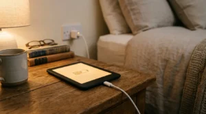 Kindle conectado ao carregador oficial Amazon sobre criado-mudo — guia completo sobre qual carregador usar em cada modelo Kindle em 2026.