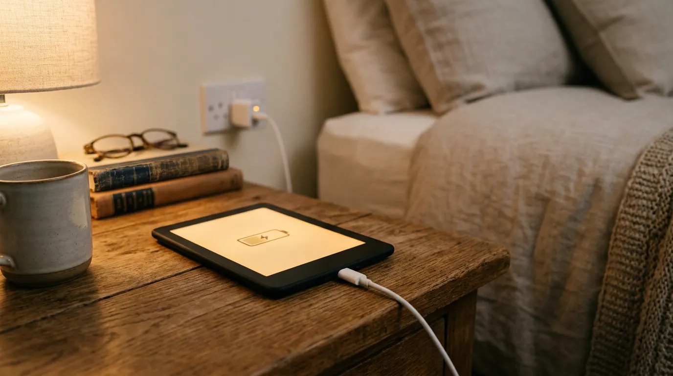 Kindle conectado ao carregador oficial Amazon sobre criado-mudo — guia completo sobre qual carregador usar em cada modelo Kindle em 2026.