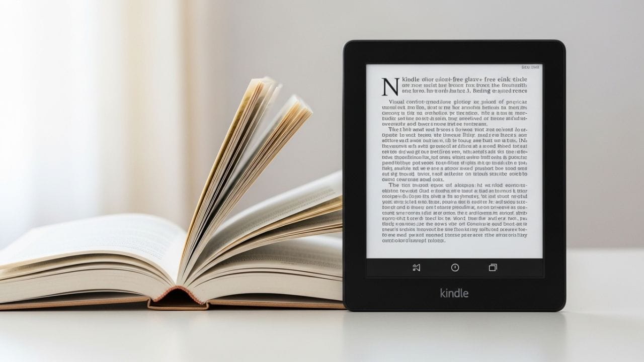"Comparação entre Kindle Paperwhite e livro físico mostrando diferenças de leitura digital e física, conforto visual, portabilidade e experiência sensorial."